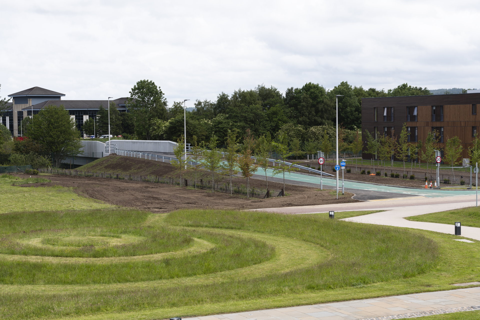 North Bridge at Inverness Campus with grass circles